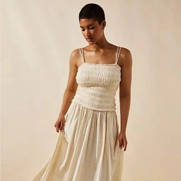 Free People | Dresses | Free People Beach Sienna Midi Dress Smocked Solid  Natural Cotton | Poshmark